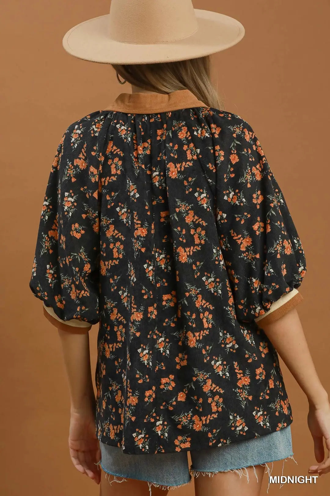 Umgee Floral Print Quarter Zip Contrast Collar Top-Midnight