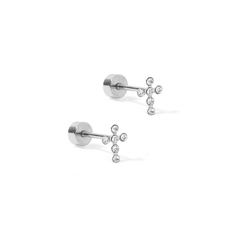 LINNY CO Screwback Stud Earrings - Clara Cross Silver Sparkle
