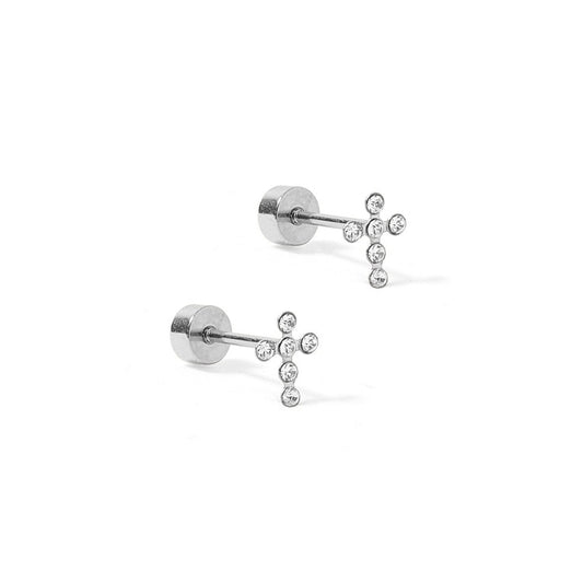 LINNY CO Screwback Stud Earrings - Clara Cross Silver Sparkle