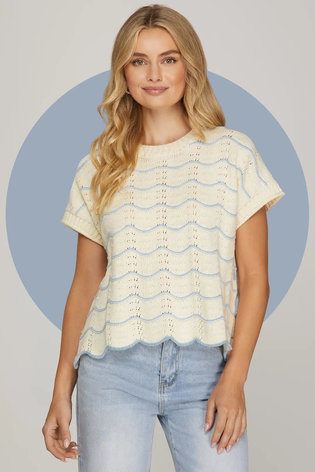SHE + SKY DROP SHORT SLEEVE SCALLOP STRIPED PATTERN KNIT SWEATER TOP