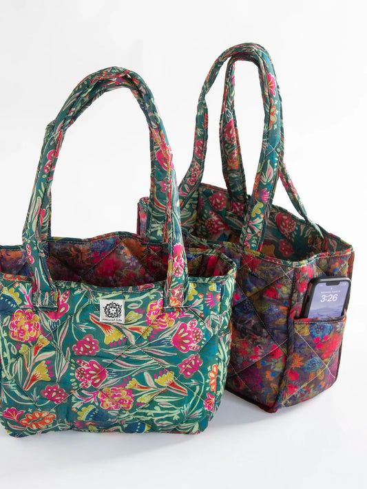 Natural Life Reversible Puffy Tote Bag-Medium Green Lined Floral