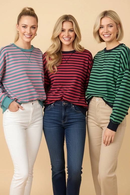 Heimish Striped Drop-Shoulder Pullover Sweatshirt-Teal/Pink