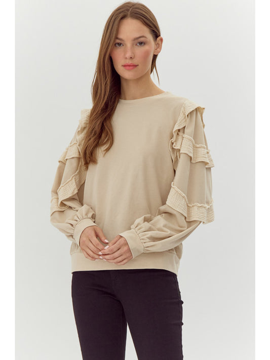 Jodifl Solid Sweatshirt Top with U-neck-Beige