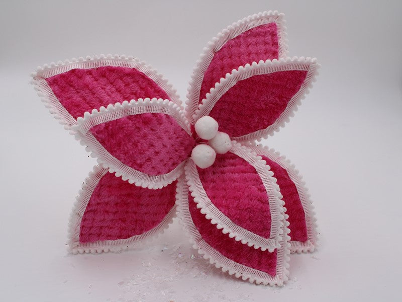 TradeCie 14" Bright Pink Chenille Poinsettia Pick with Pom Pom Trim and Center