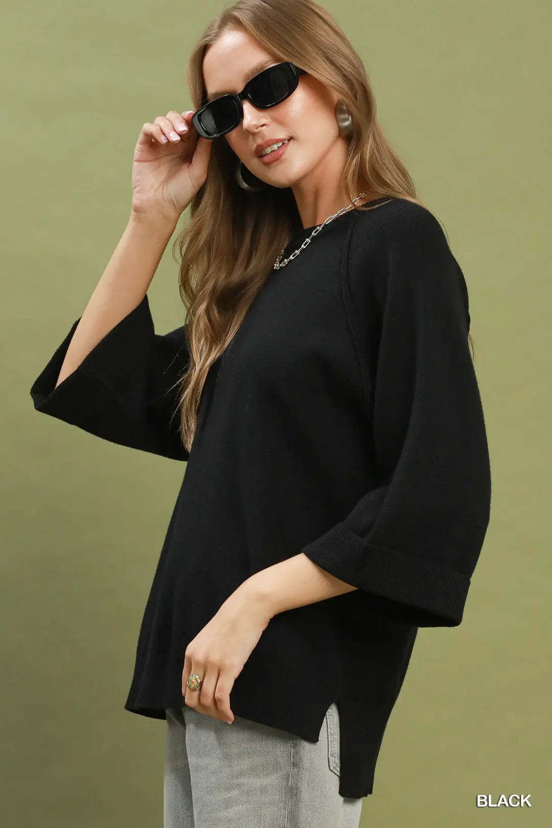 Umgee Crewneck Pullover Sweater Knit Top-Black