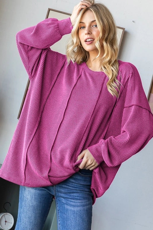 Heimish Long Sleeve Solid Urban Rib Top-Magenta