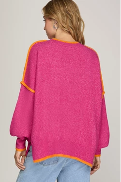 SHE & SKY LONG SLEEVE CONTRAST SWEATER TOP-HOT PINK