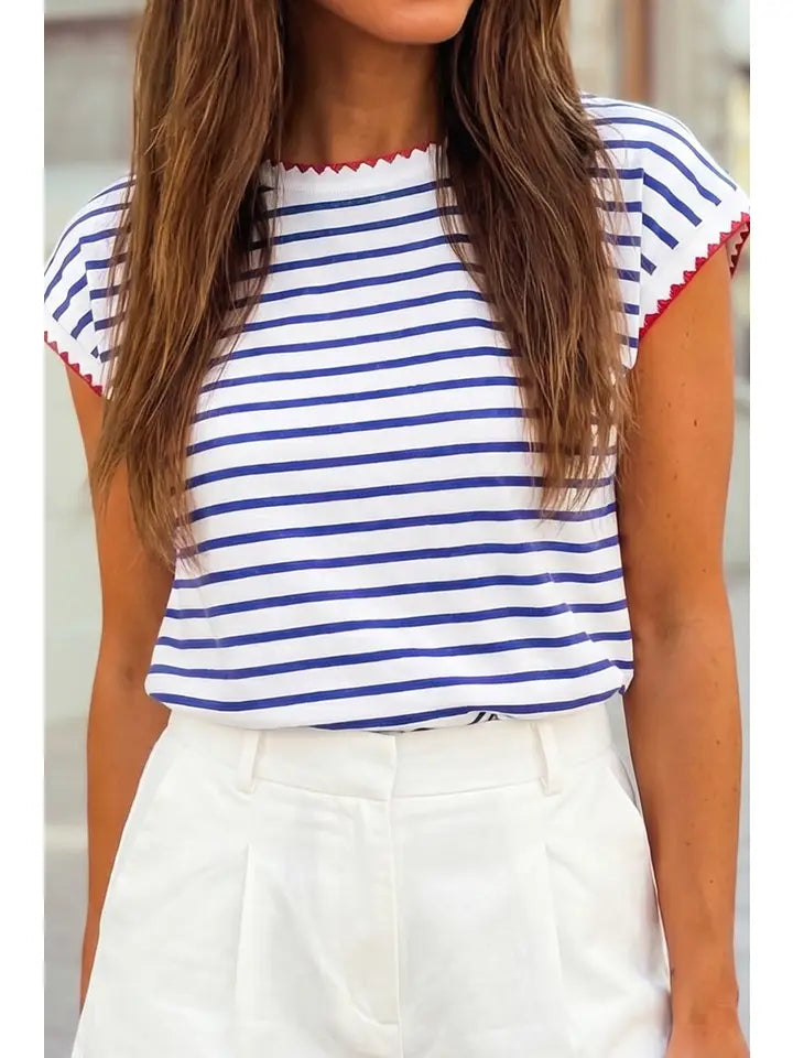 Contrast Trim Round Neck Cap Sleeve Tee
