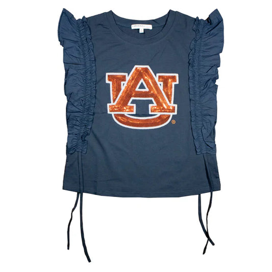 Kickoff Co. Sequin Varsity Ruffle Short Sleeve with Side Ruching in Auburn University