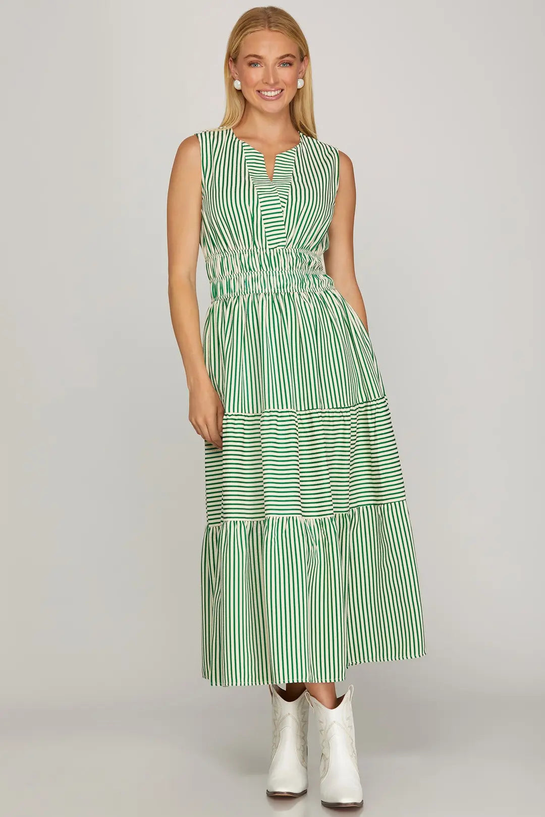 SHE + SKY SLEEVELESS WOVEN STRIPED TIERED MIDI DRESS WITH POCKETS AND ELASTIC WAISTBAND-GREEN