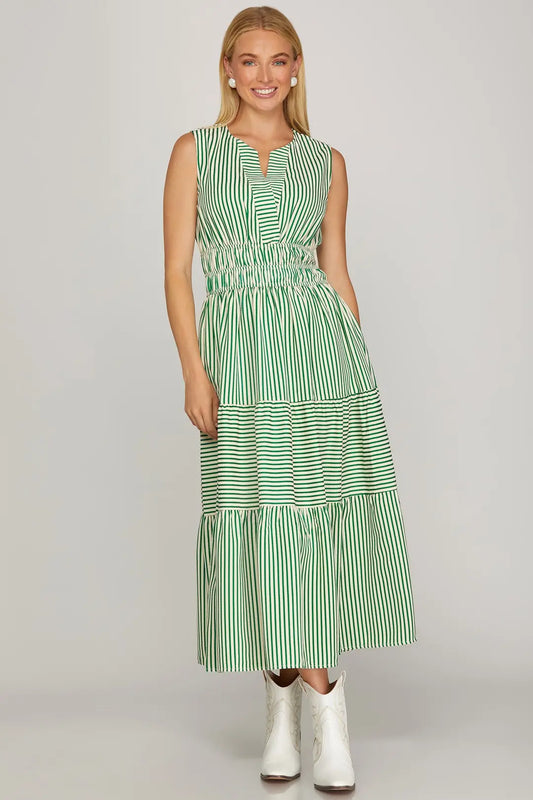 SHE + SKY SLEEVELESS WOVEN STRIPED TIERED MIDI DRESS WITH POCKETS AND ELASTIC WAISTBAND-GREEN