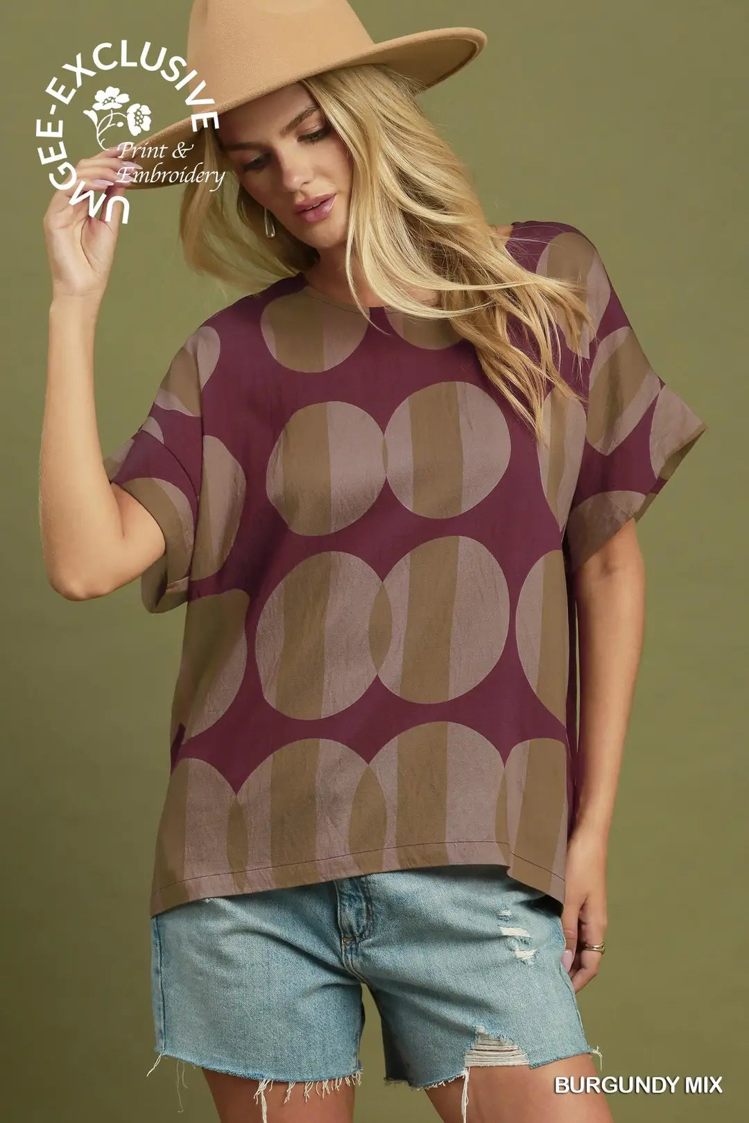 Umgee Oversized Geometric Circle Print Dolman Sleeve Top-Burgundy Mix