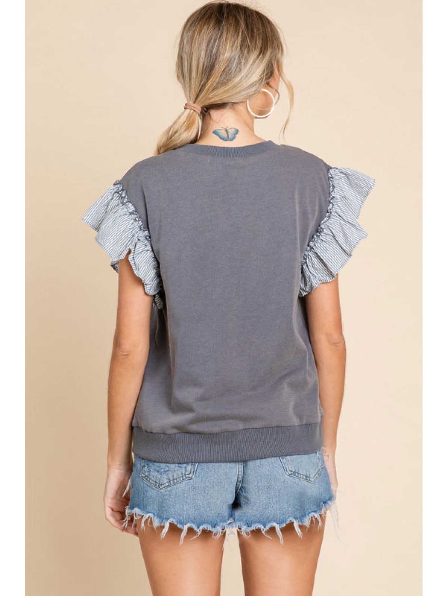 Jodifl Denim Top With Striped Print Ruffle Shoulder