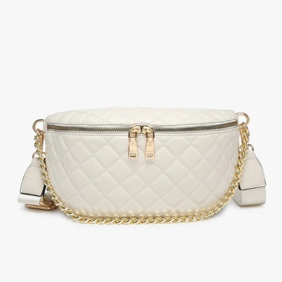Jen & Co Sylvie Quilted Belt Bag w/ Chain Strap-Bone