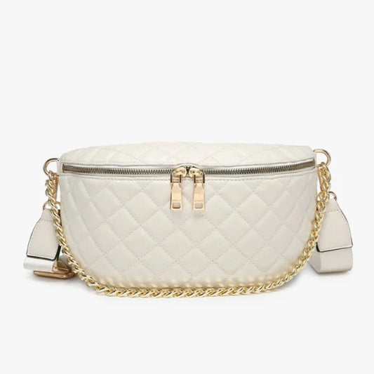 Jen & Co Sylvie Quilted Belt Bag w/ Chain Strap-Bone