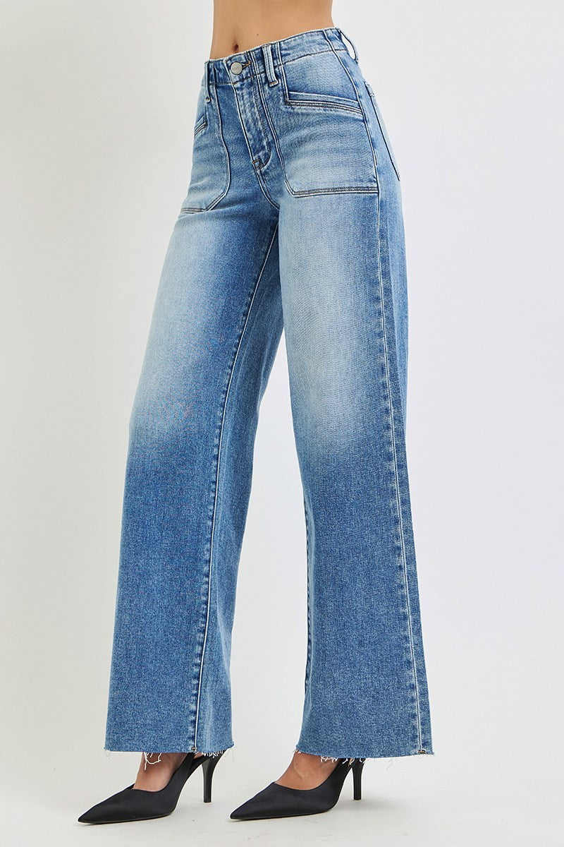 RISEN HIGH RISE WIDE LEG JEANS WITH FRONT PATCH POCKET DETAIL