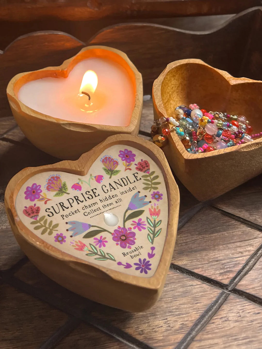 Natural Life Wooden Heart Surprise Candle-Folk Flower