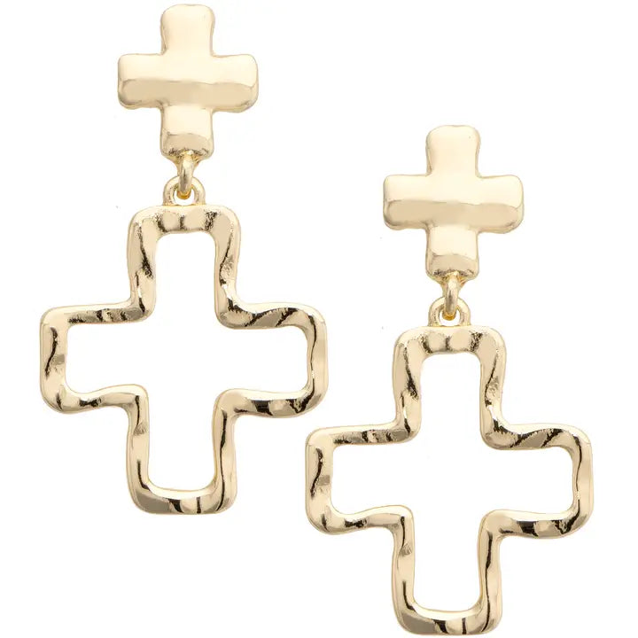 Canvas Style Haley Hammered Double Cross Drop Earrings in Shiny Gold