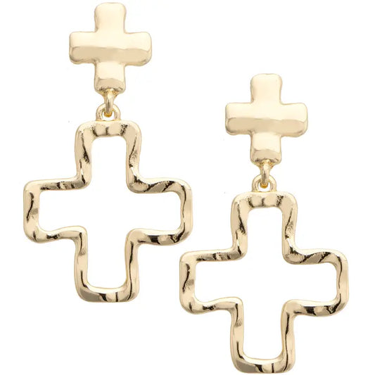 Canvas Style Haley Hammered Double Cross Drop Earrings in Shiny Gold