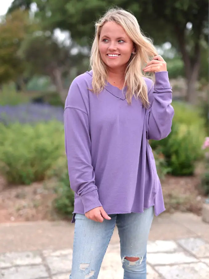 Jadelynn Brooke Oversized French Terry V-Neck Pullover - Deep Plum