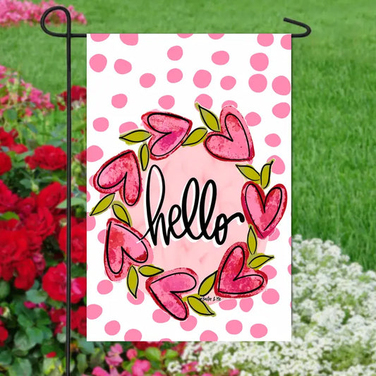 Baxter & Me Hello Heart Vine Wreath Pink Dots Garden Flag