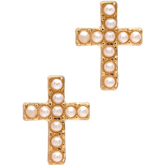 Laura Janelle Gold Pearl Cross Stud Earrings