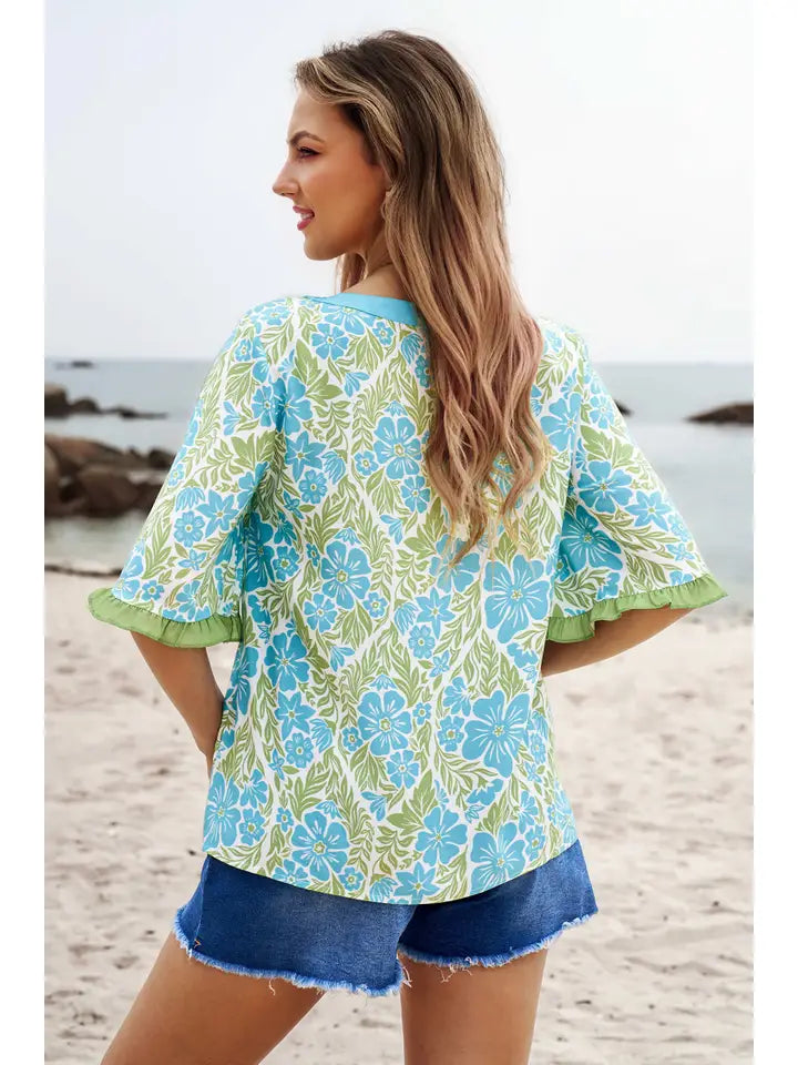 Floral Printed Lace Decorative Shorts Sleeve Top
