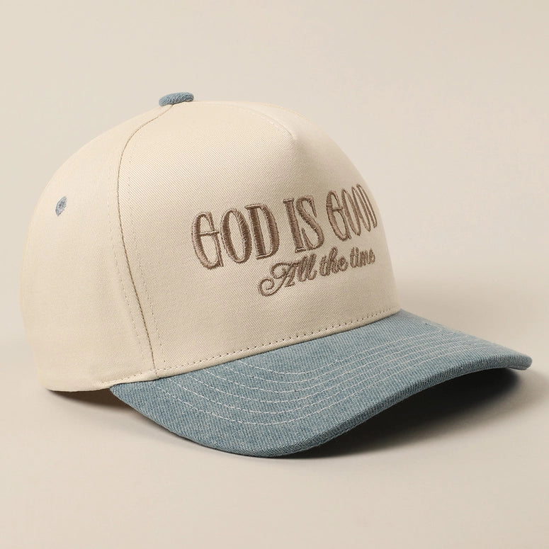 God Is Good All the Time Embroidery Trucker Hat-Denim