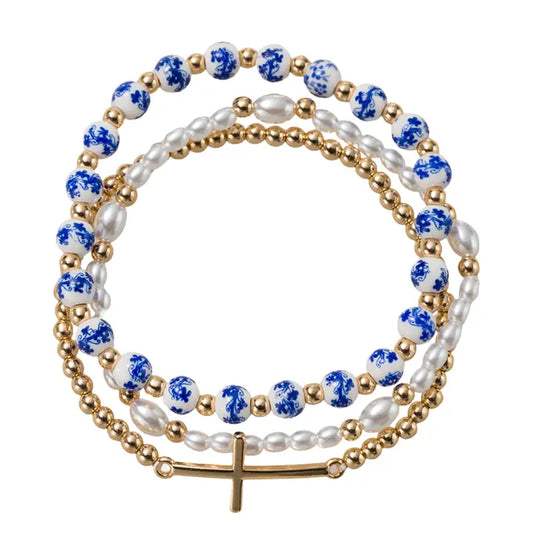 Jane Marie Blue Floral, Pearl, Gold Beaded Stretch Bracelet with Cross