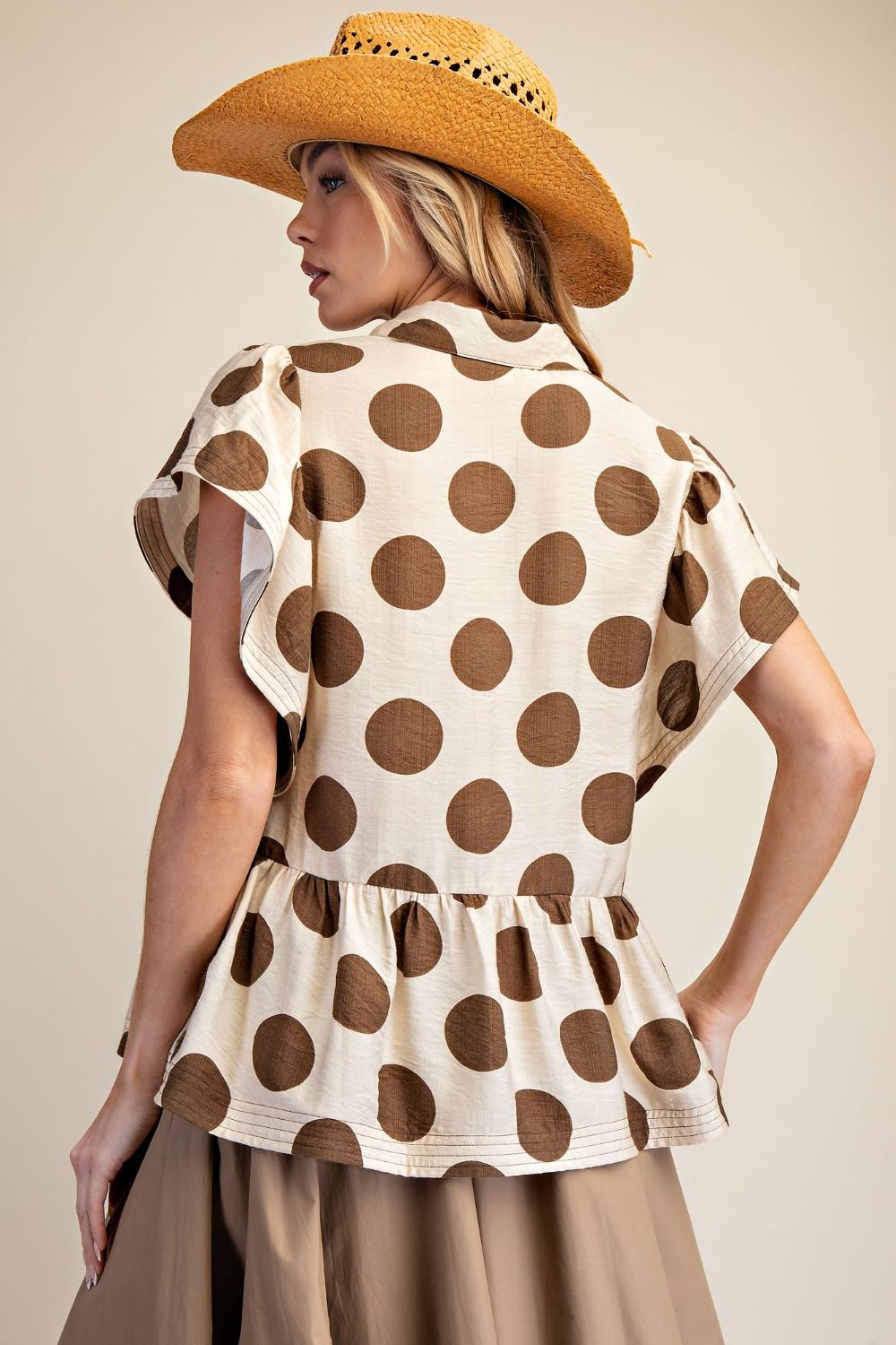 EASEL POLKA DOTS BUTTON DOWN RUFFLE TOP-KHAKI