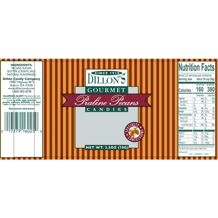 Dillon Candy Company Pecans, Praline, 2.5 oz Snack Tray