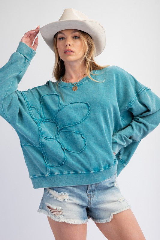 Easel Flower Patch Washed Terry Knit Pullover-Teal