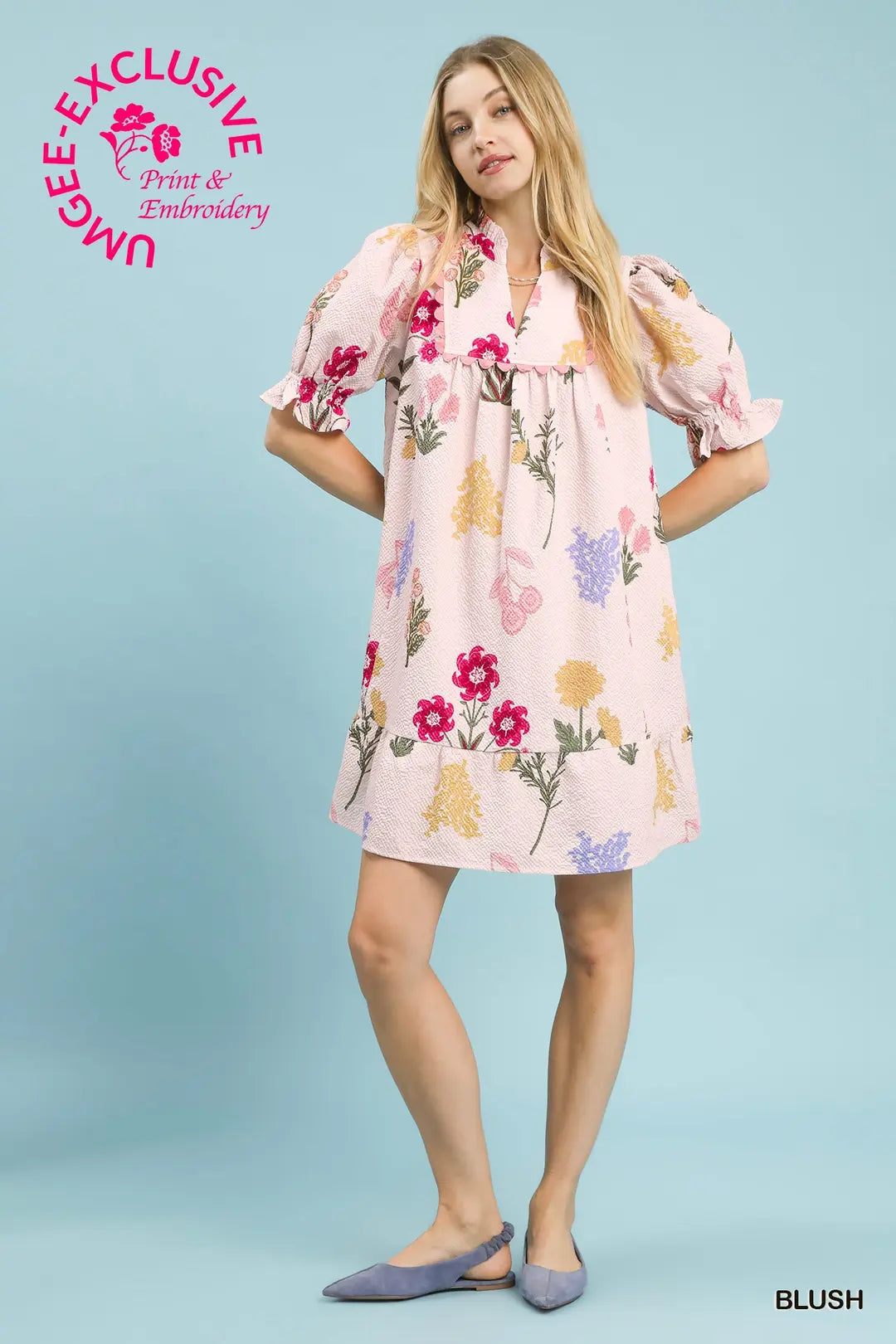 Umgee Multi Flower Print V-Neck Dress