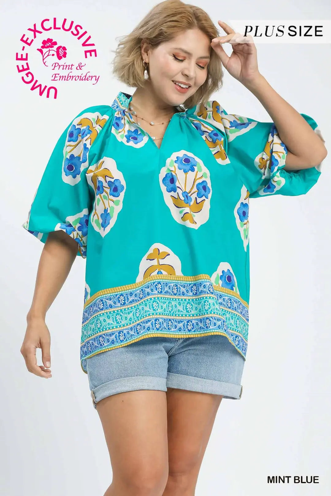 Umgee Boho-Chic Floral Print Blouse-Mint Blue