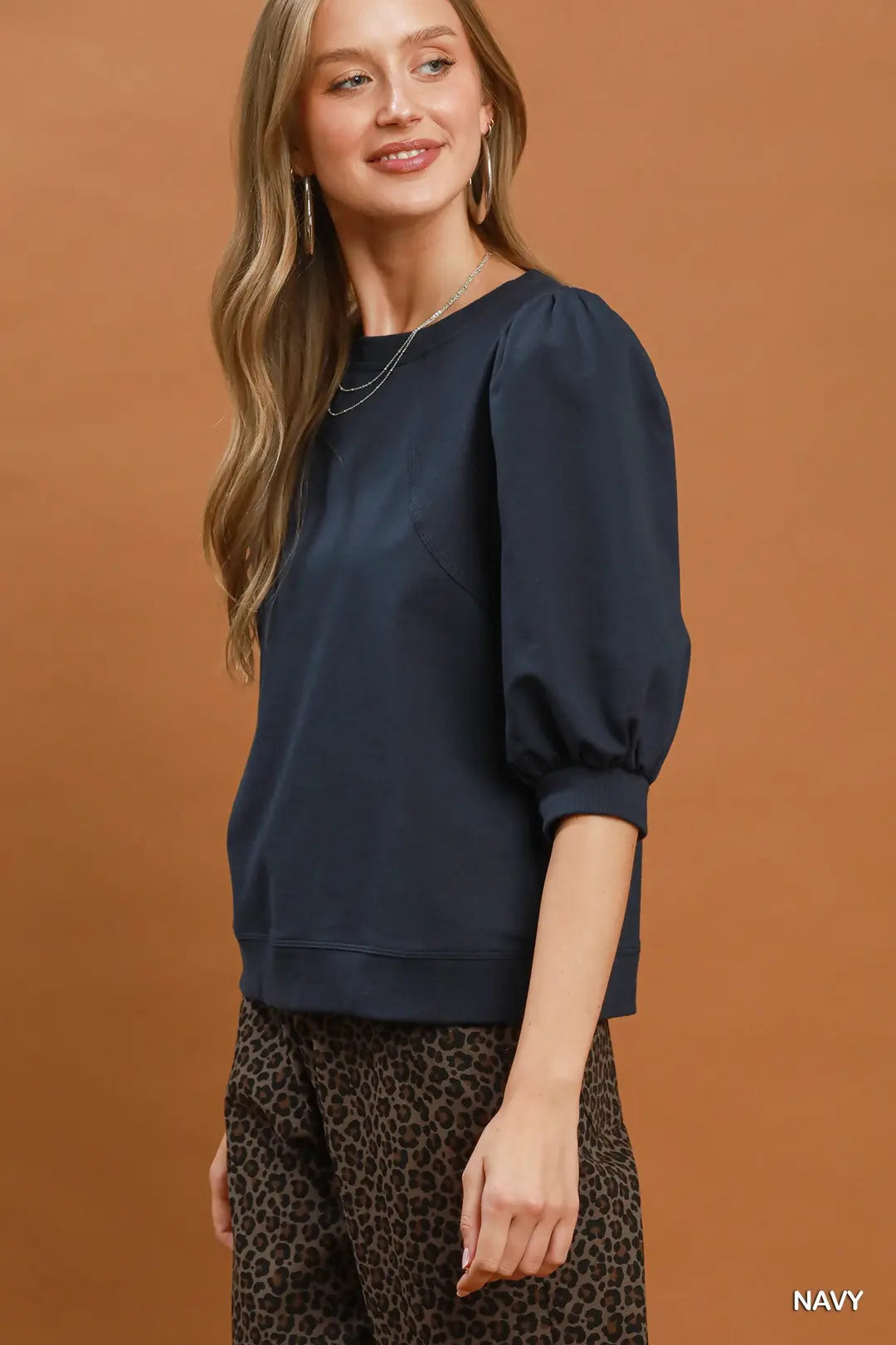 Umgee Puff Sleeve Pullover Sweatshirt Top