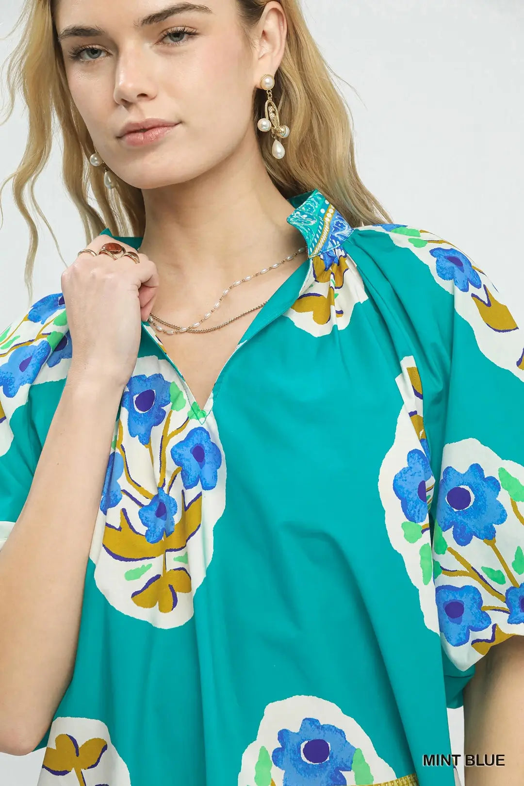 Umgee Boho-Chic Floral Print Blouse-Mint Blue