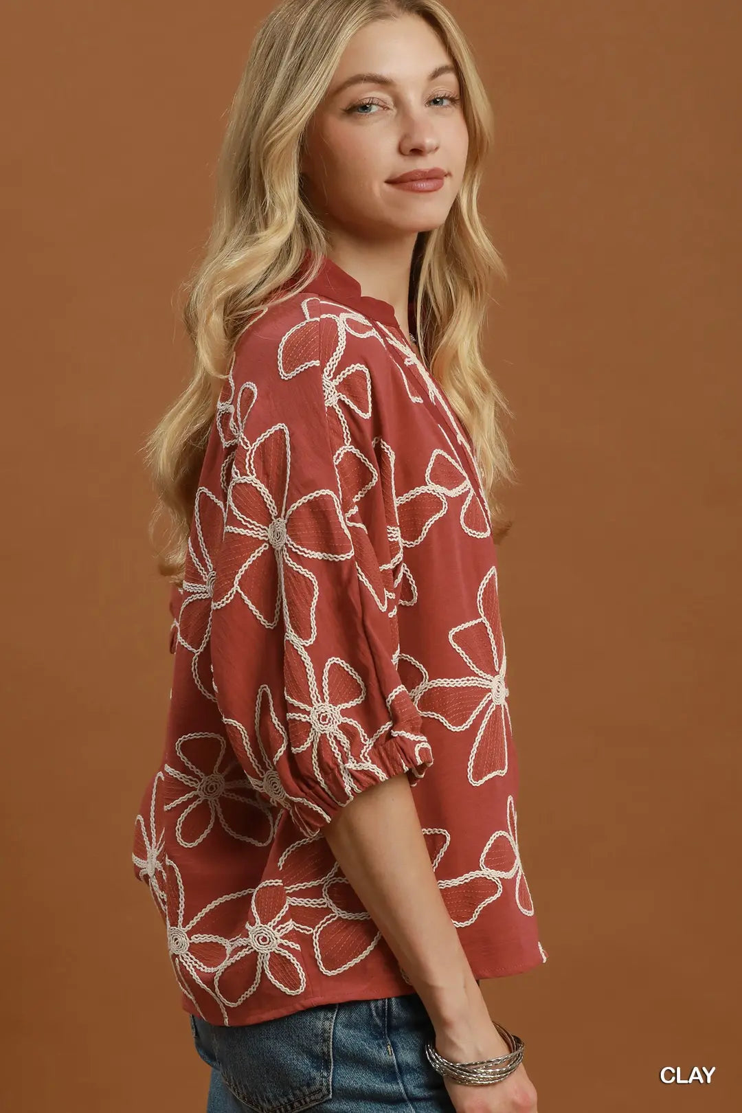 Umgee Floral Embroidered Split Neck Top