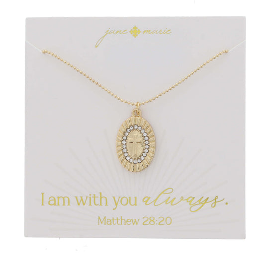 JANE MARIE GOLD OVAL DISC WITH CRYSTAL OVAL AND MINI RAISED CROSS NECKLACE