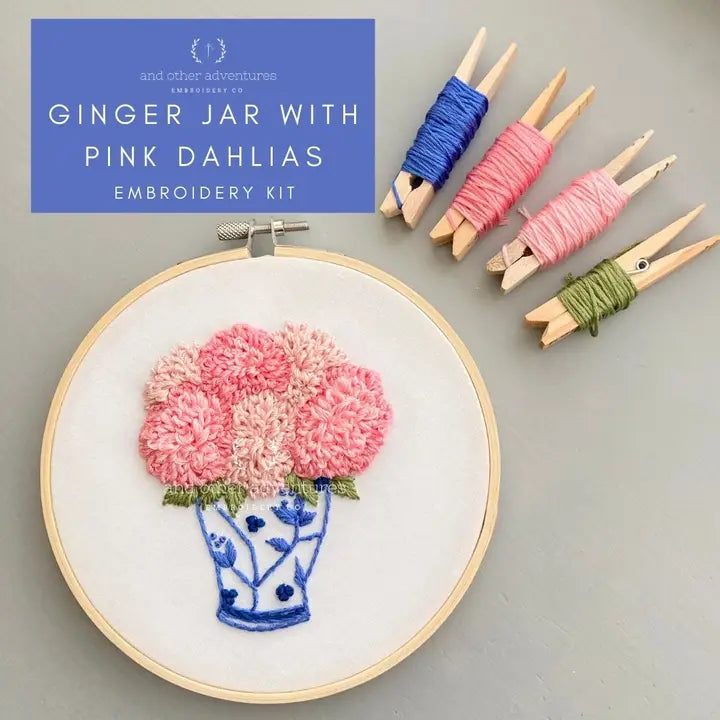 And Other Adventures Embroidery Co Embroidery Kit - Ginger Jar with Pink Dahlias - Intermediate