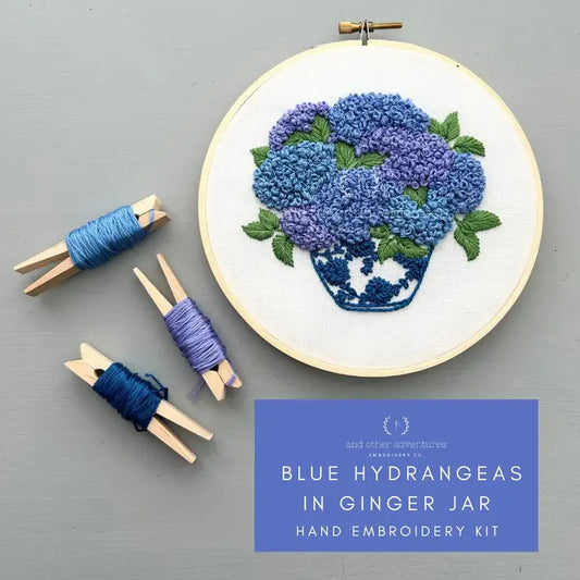 And Other Adventures Embroidery Co Hand Embroidery Kit - Blue Hydrangeas in Ginger Jar