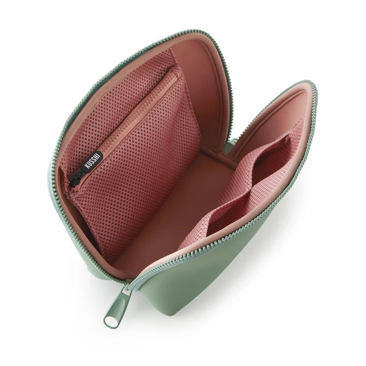 Kusshi Neoprene Makeup Bag-Sage with Coral Rose Interior