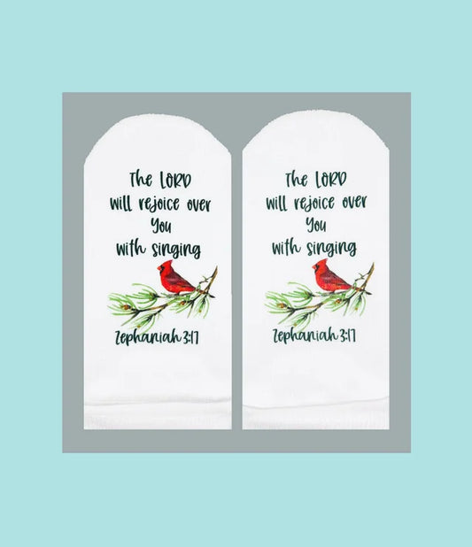 Standing on the Word Socks Cardinal with verse: Zephaniah 3:17 Lord will rejoice over you with singing