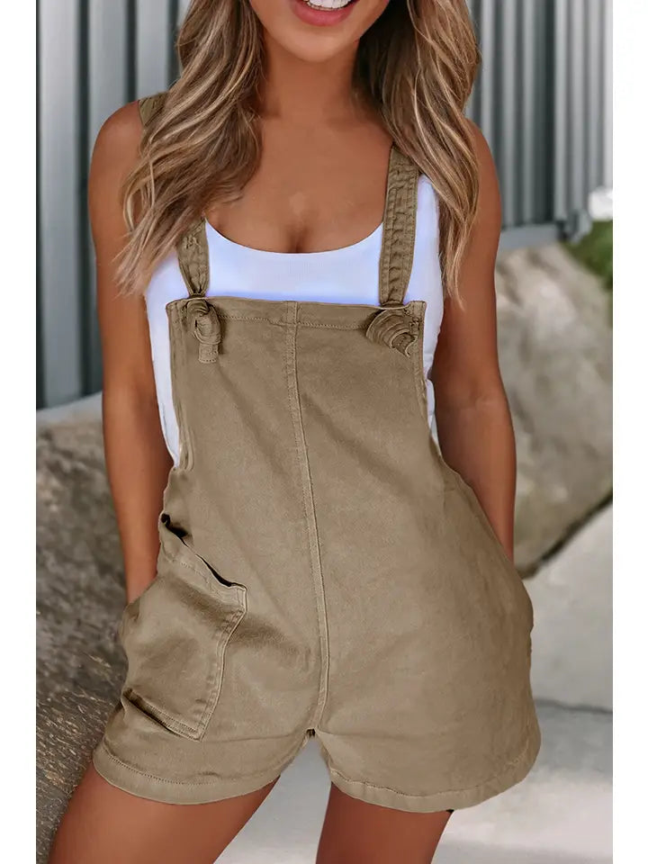 Light French Beige Knot Straps Denim Romper