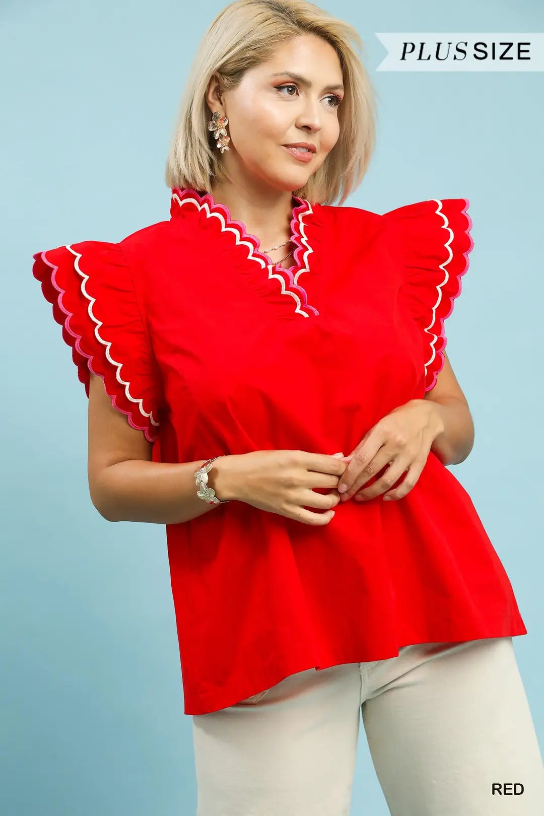 Umgee Scallop Trim Ruffle Sleeve Top-Red