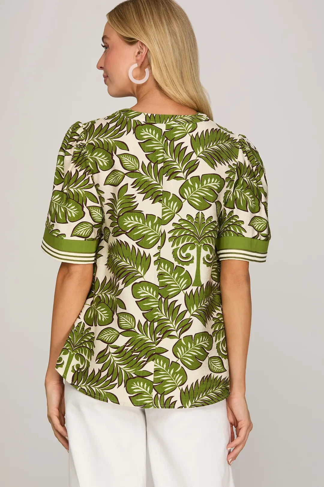 SHE + SKY HALF SLEEVE V NECK WITH CONTRAST DETAIL WOVEN PRINT TOP-GREEN