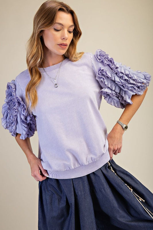 EASEL RUFFLED SLVS MINERAL WASHED TOP-LAVENDER
