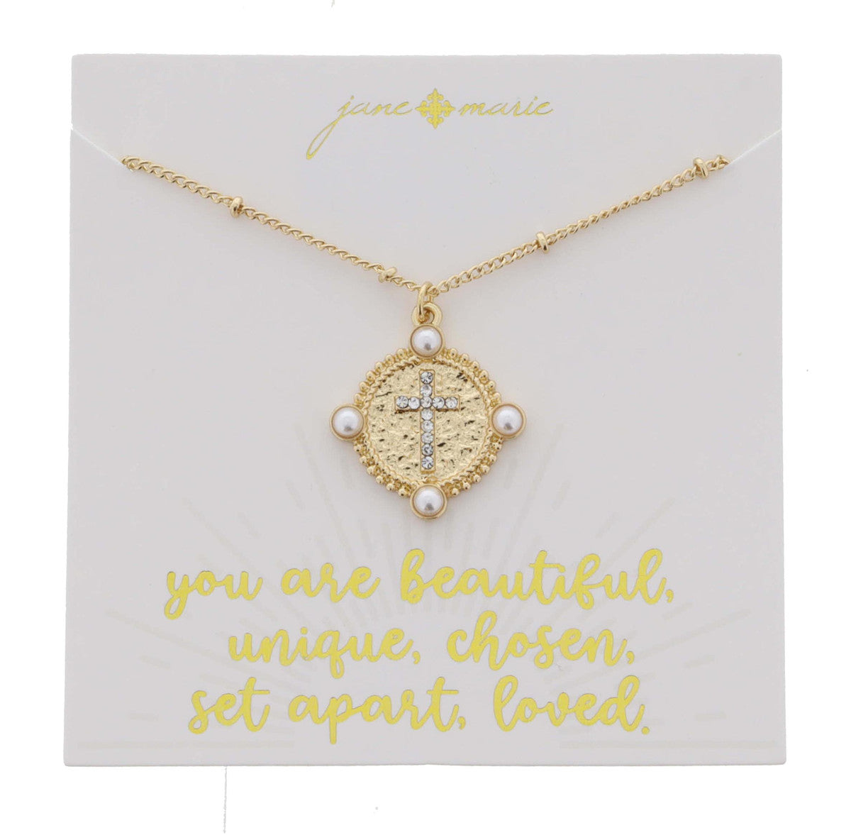 JANE MARIE GOLD TEXTURED DISC WITH PEARL ACCENTS AND CRYSTAL CENTER CROSS NECKLACE