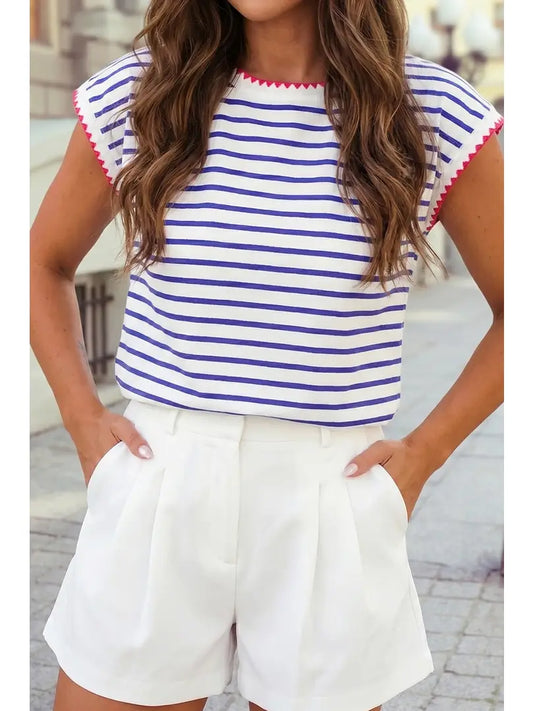 Contrast Trim Round Neck Cap Sleeve Tee