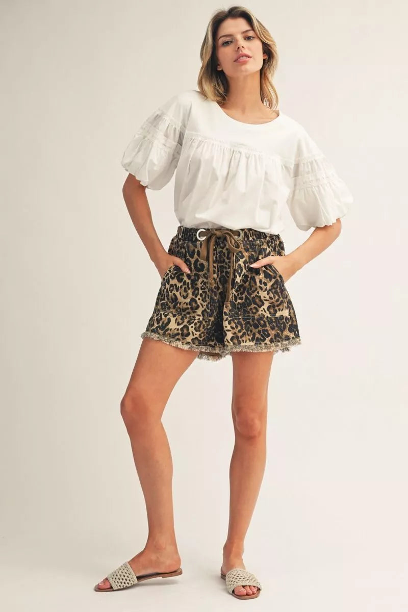 Jodifl Pleat Detail Puff Sleeves Solid Fabric Mix Top
