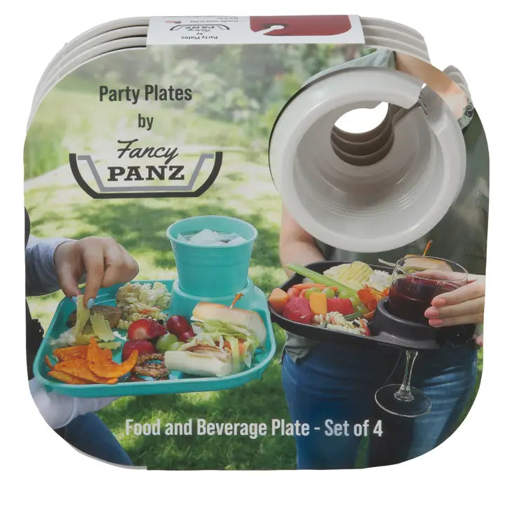 Fancy Panz Reusable Party Plates w/ Stemware Holder - Set of 4 - White